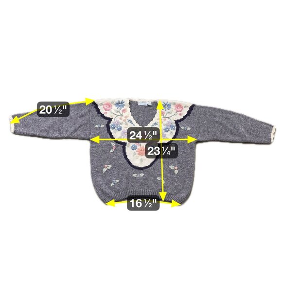 Vintage Sweater 90s Floral Embroidered Gray Cream Large Maggie Lawrence Sport - Picture 8 of 8